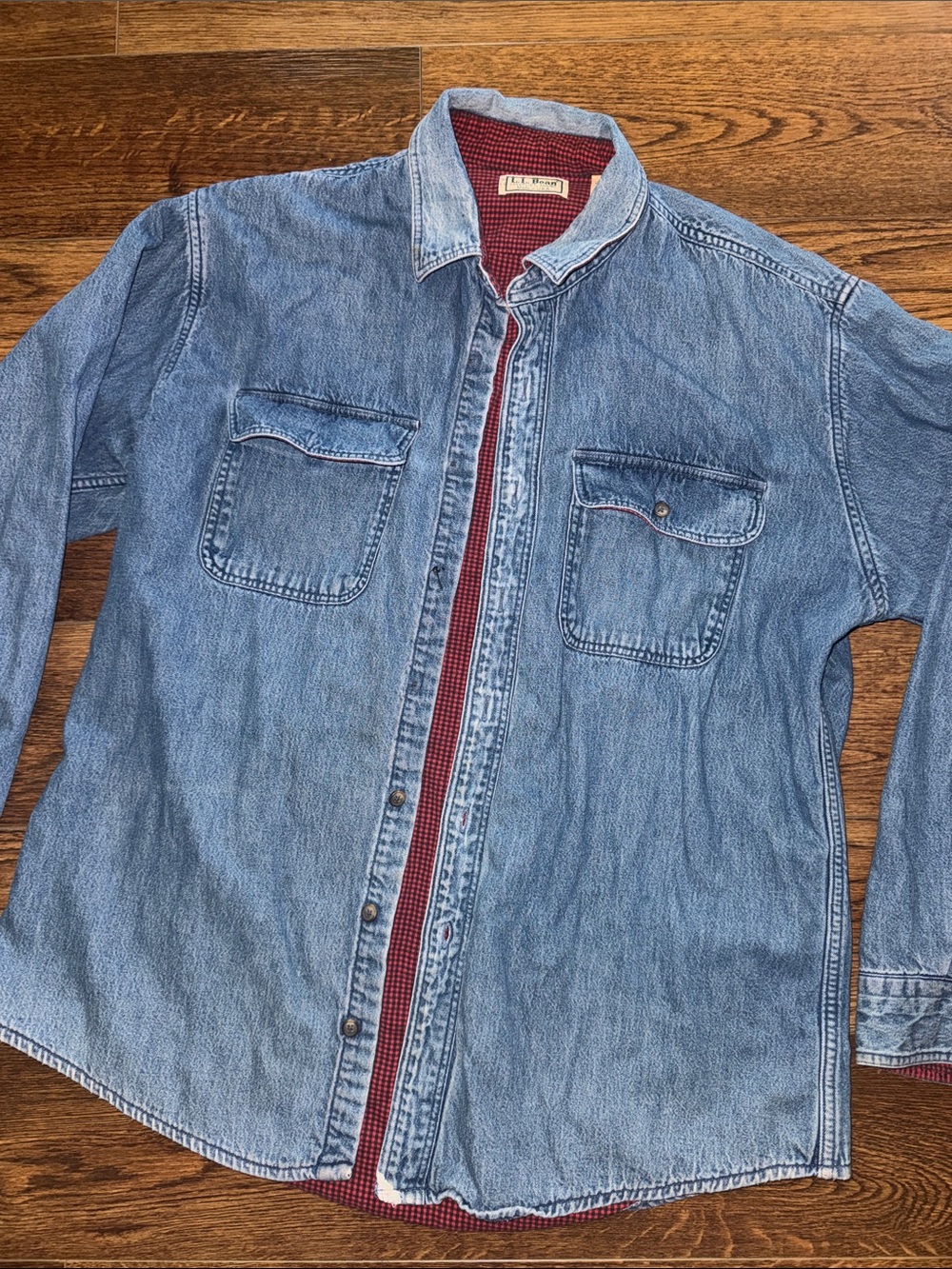 VTG 80s L.L. Bean Plaid Lined Denim Shirt Jacket Made in USA - Large (Flaws)